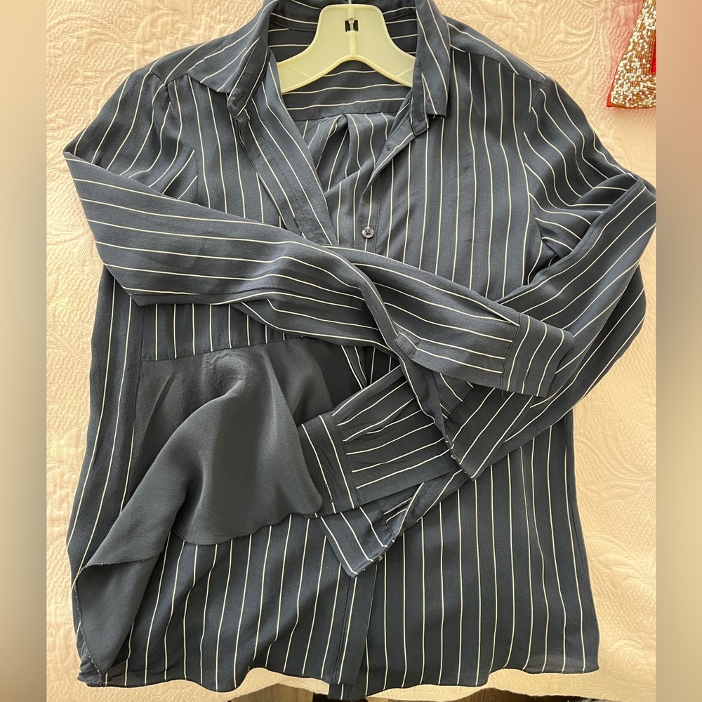 Max & Co dark blue with white stripes pajama effect blouse with ruffle.